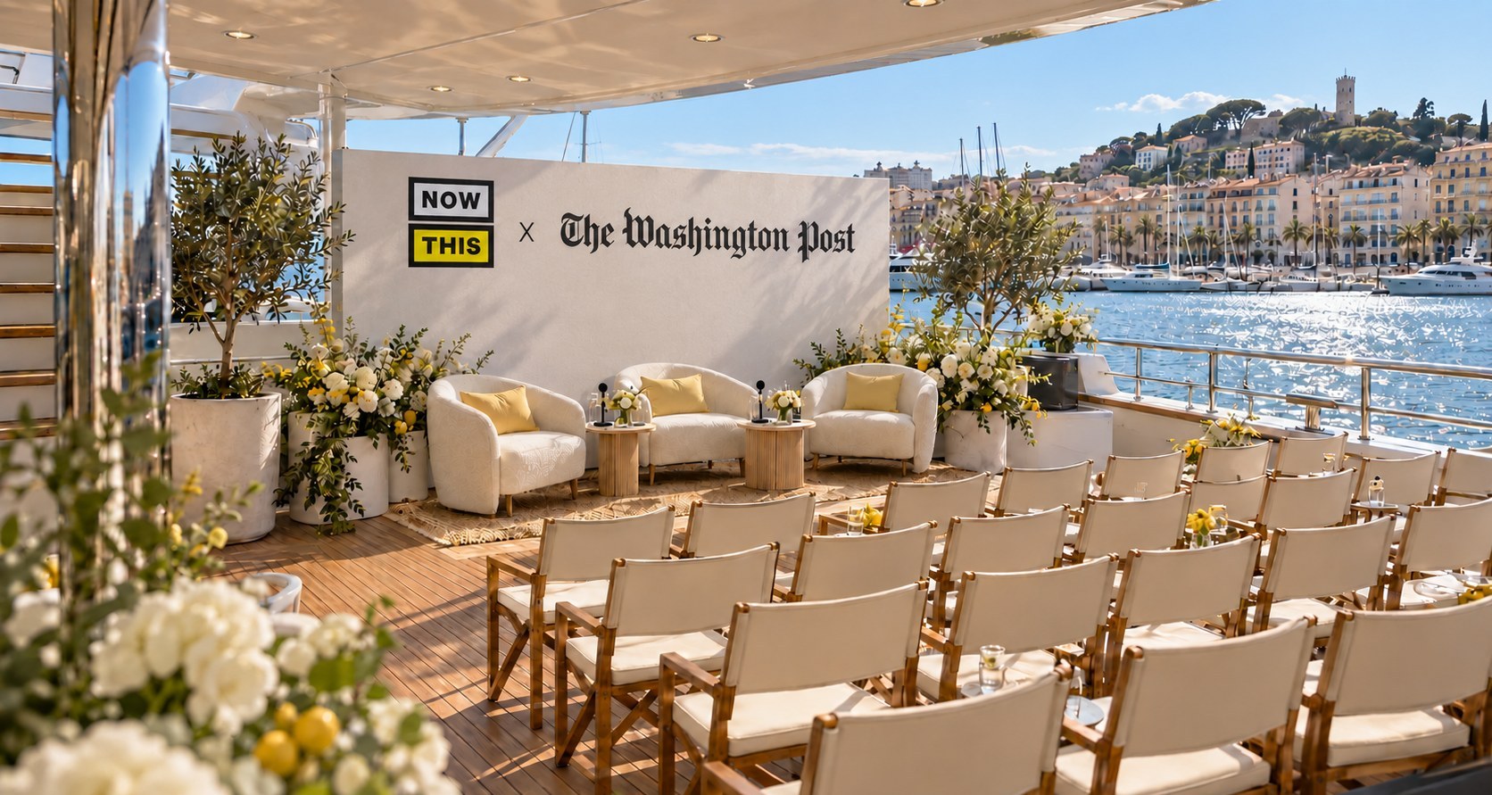 A NowThis × The Washington Post panel stage set up on a yacht deck in Cannes