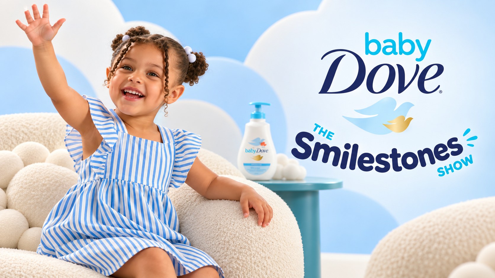 A smiling toddler waving on a cloud set next to Baby Dove wash, with The Smilestones Show logo