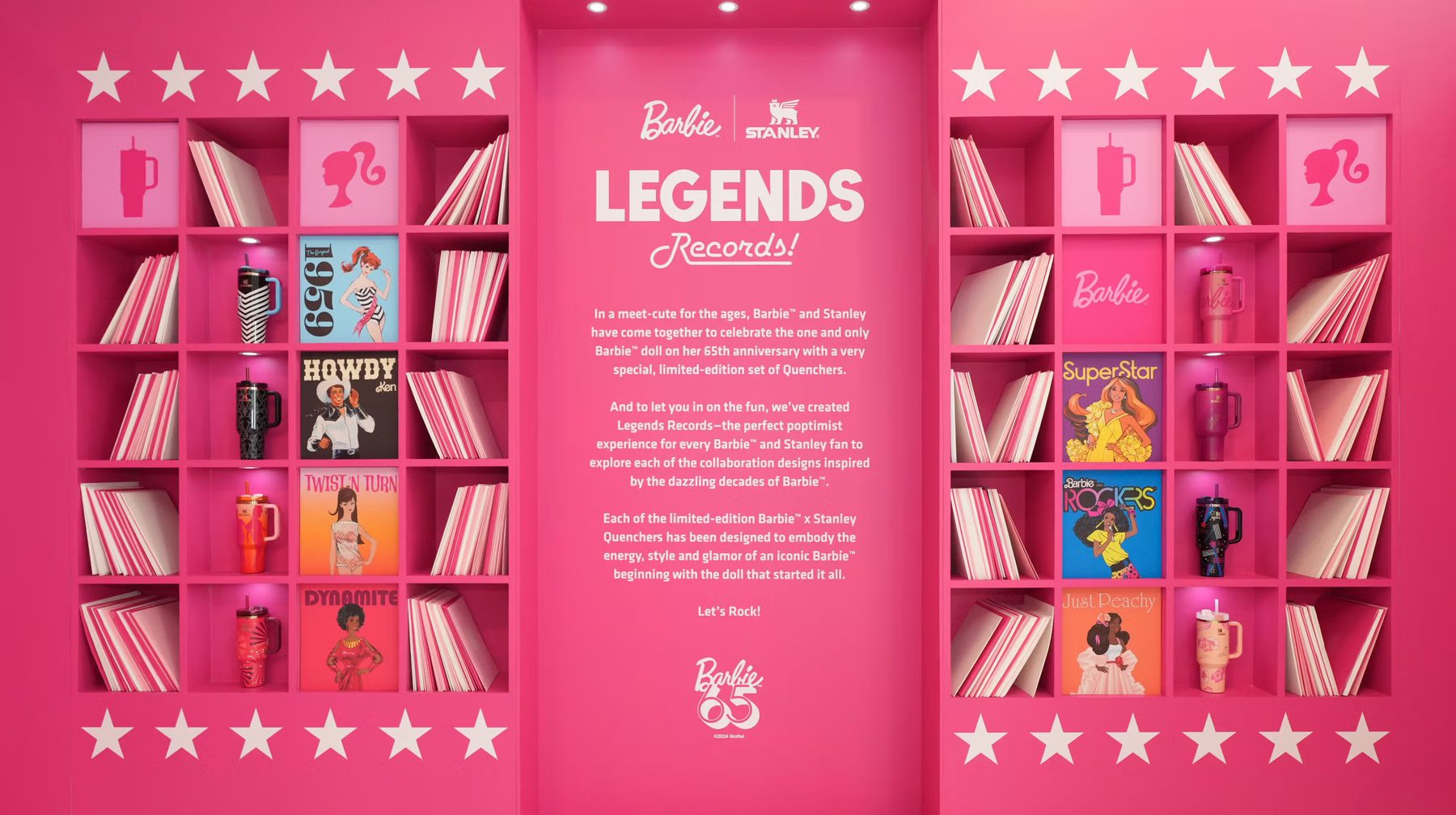 Legends Records wall of Barbie x Stanley Quenchers
