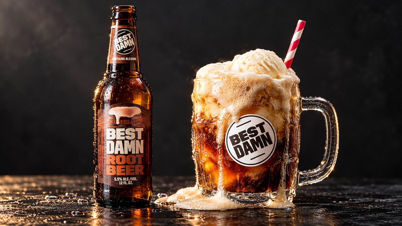 A Best Damn Root Beer bottle next to an overflowing root beer float in a branded mug